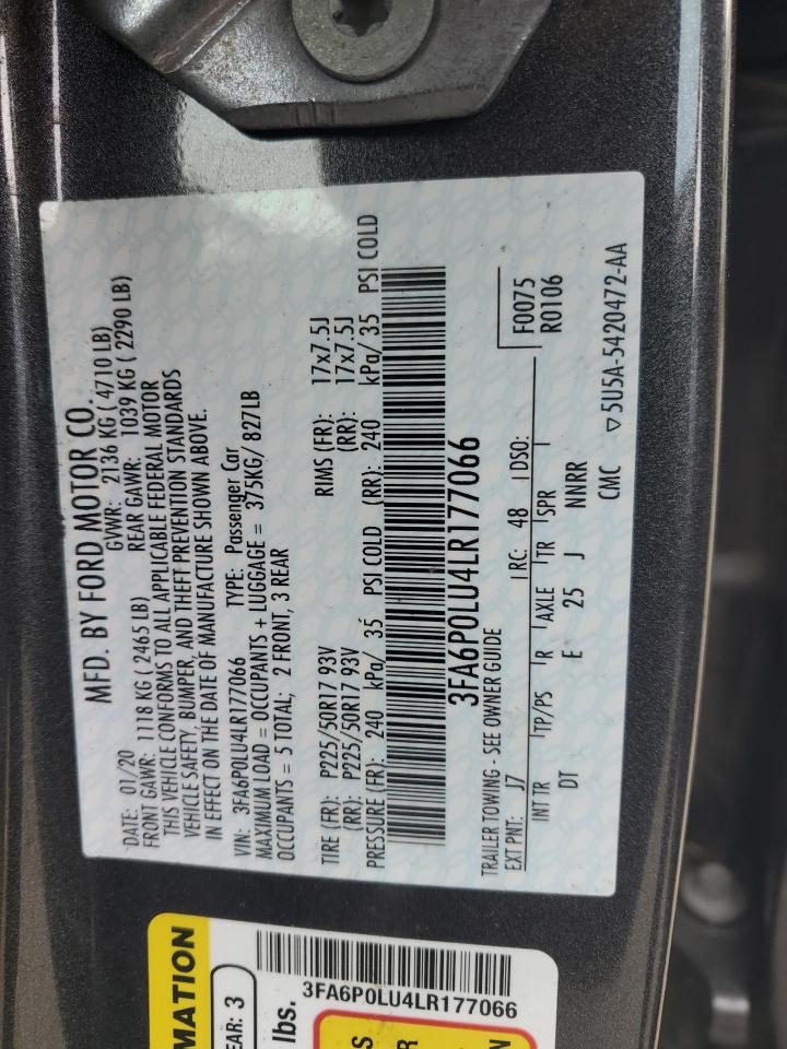 2020 Ford Fusion VIN 3FA6P0LU4LR177066 Copart auction photo, front end / side damage thumbnail 12