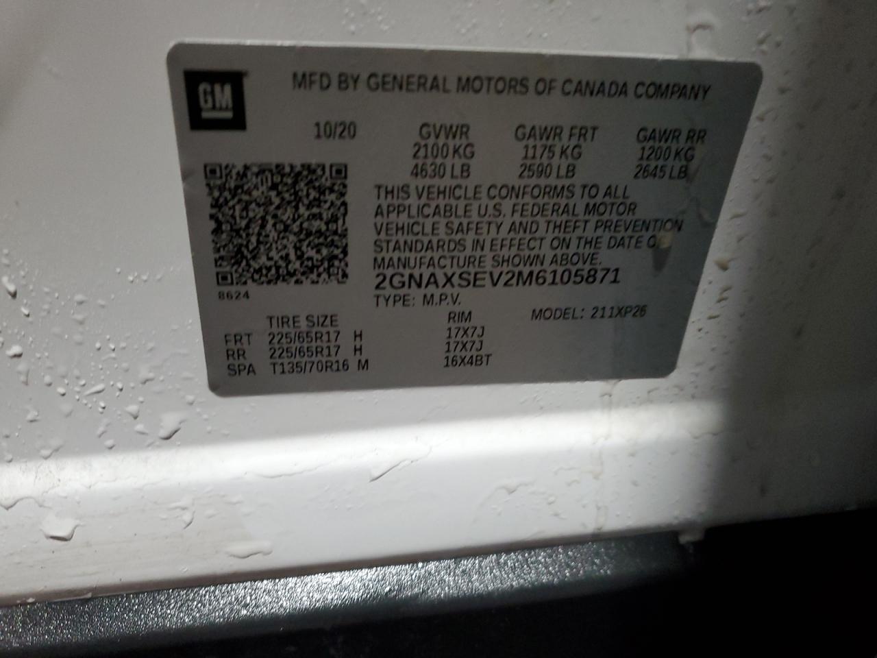 2021 Chevrolet Equinox VIN 2GNAXSEV2M6105871 Copart auction photo, front end damage thumbnail 12
