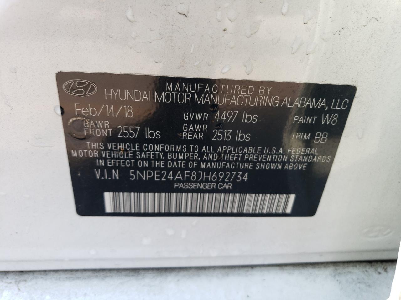 2018 Hyundai Sonata VIN 5NPE24AF8JH692734 Copart auction photo, front end / hail damage thumbnail 12