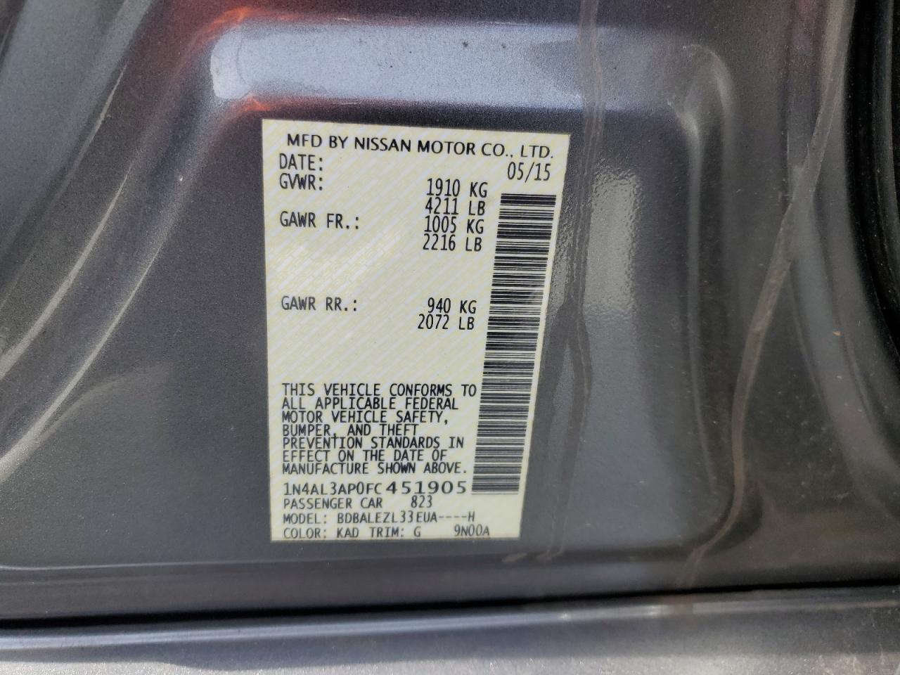 2015 Nissan Altima VIN 1N4AL3AP0FC451905 Copart auction photo, front end damage thumbnail 15