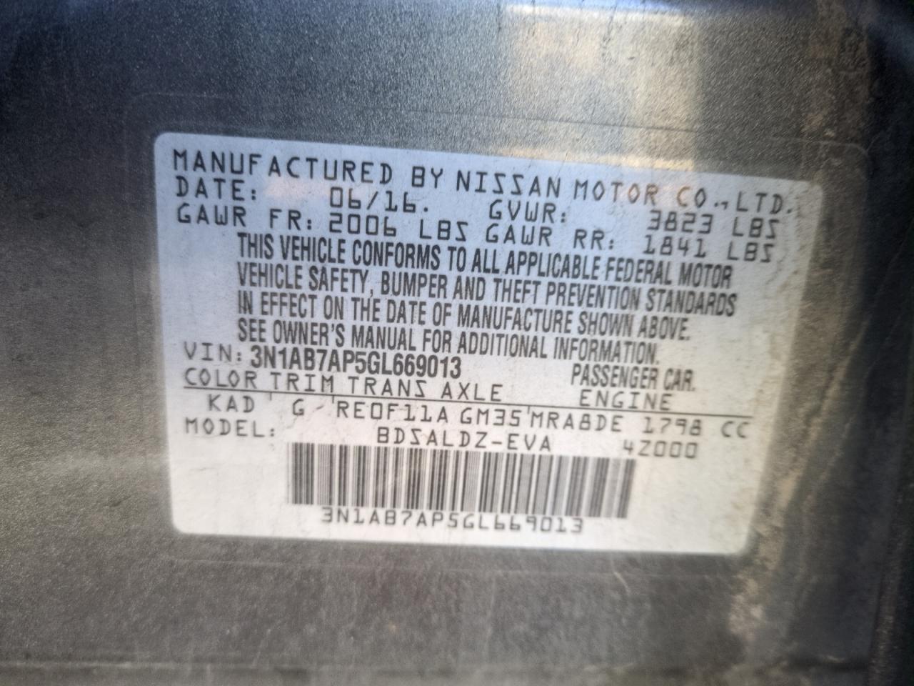 2016 Nissan Sentra VIN 3N1AB7AP5GL669013 Copart auction photo, rear end damage thumbnail 12