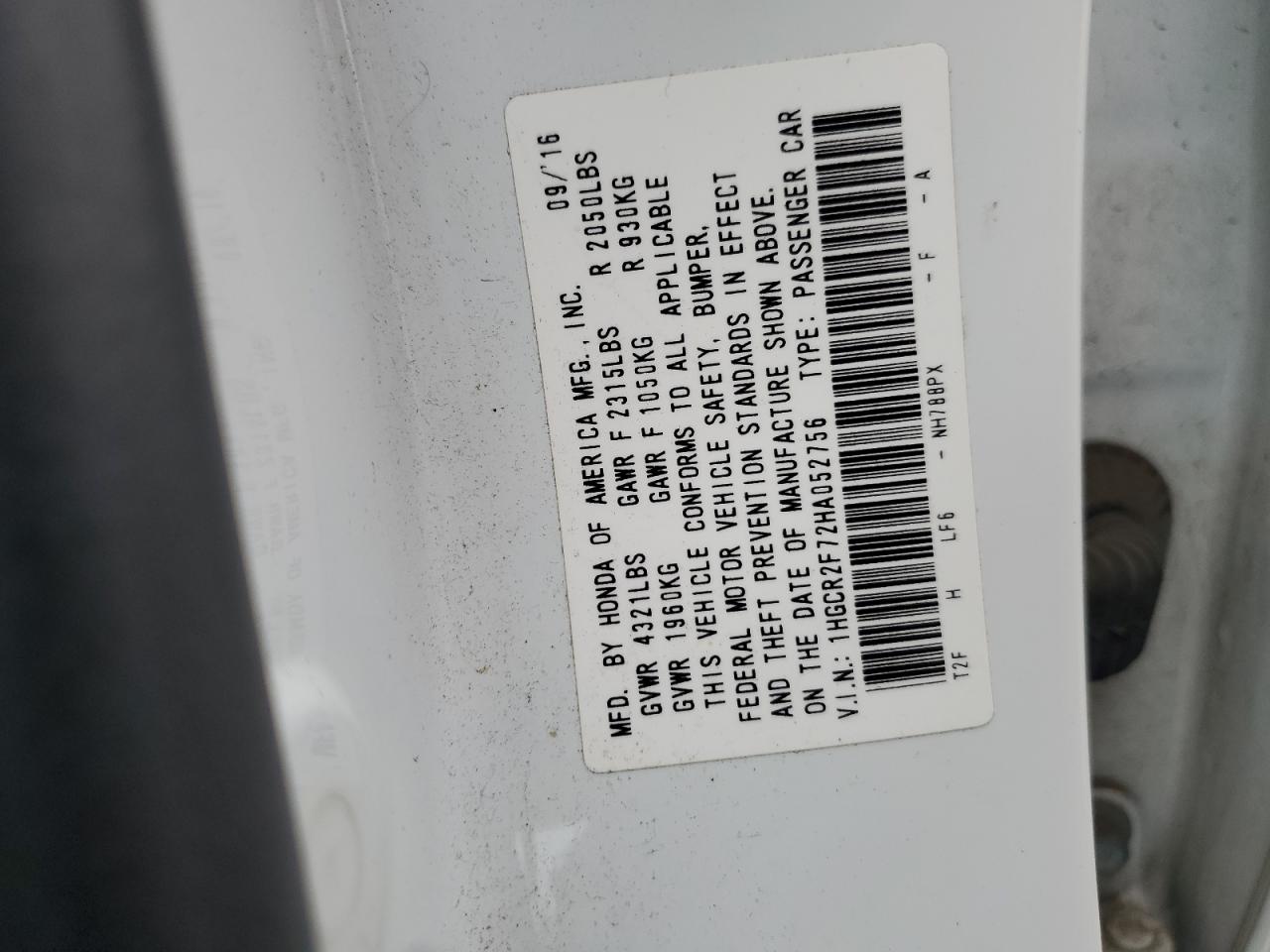 2017 Honda Accord VIN 1HGCR2F72HA052756 Copart auction photo, front end / side damage thumbnail 12