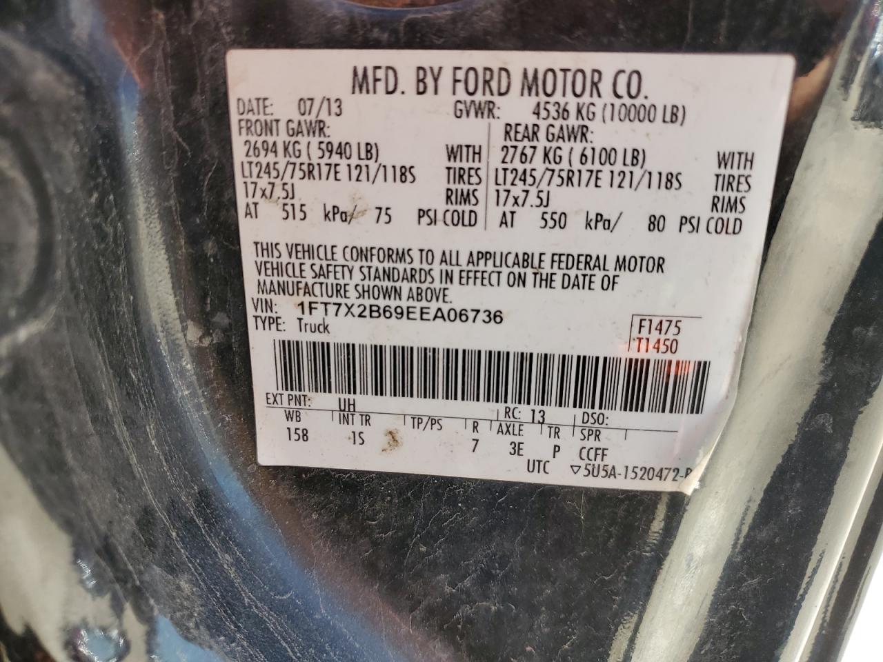 2014 Ford F250 VIN 1FT7X2B69EEA06736 Copart auction photo, all over damage thumbnail 10
