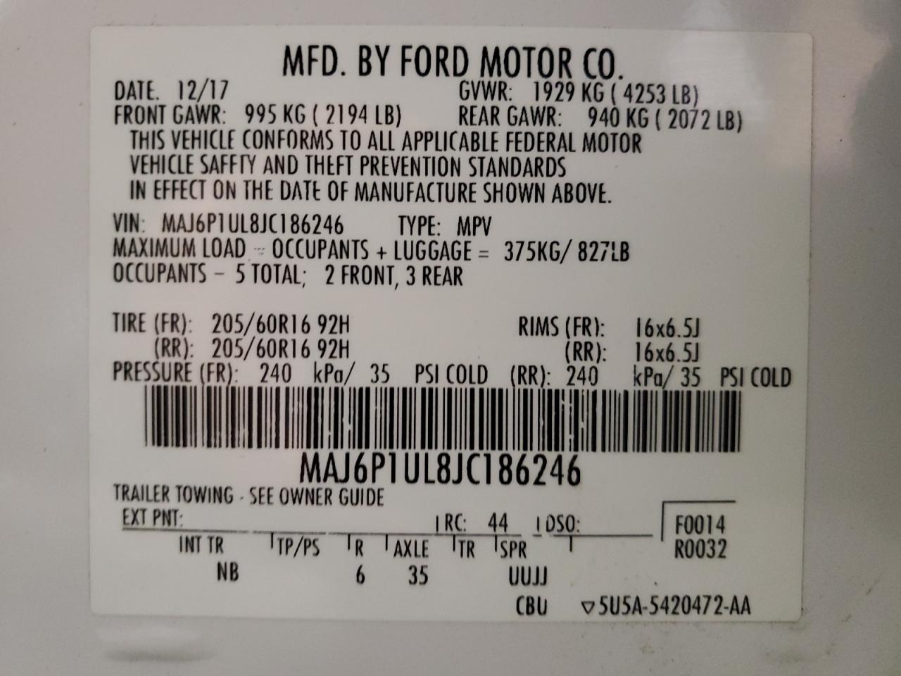 2018 Ford EcoSport VIN MAJ6P1UL8JC186246 Copart auction photo, normal wear damage thumbnail 14
