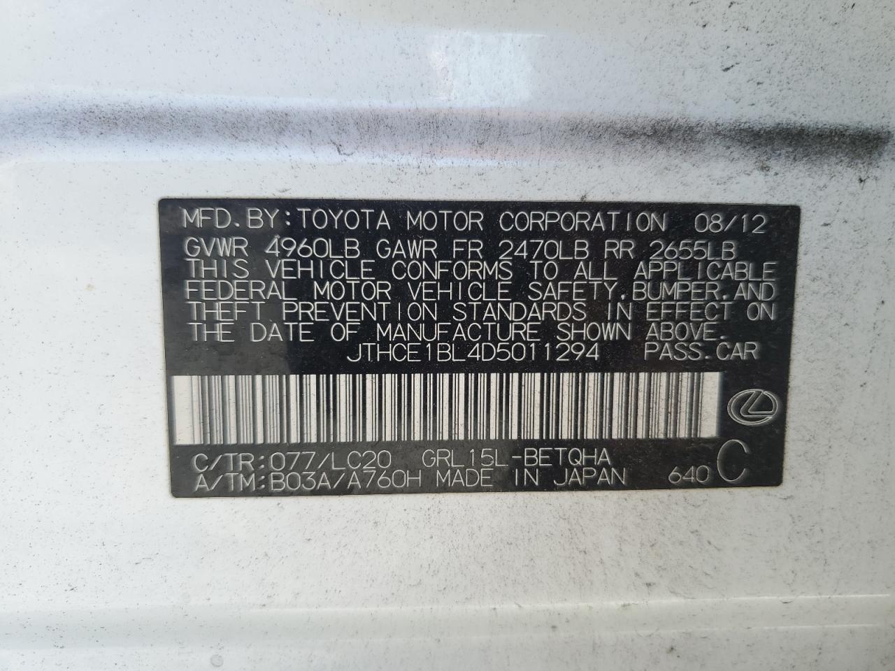 2013 Lexus GS VIN JTHCE1BL4D5011294 Copart auction photo, front end damage thumbnail 14