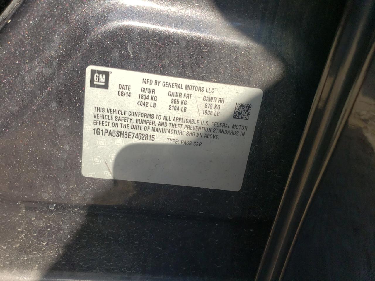 2014 Chevrolet Cruze VIN 1G1PA5SH3E7462815 Copart auction photo, rear end / side damage thumbnail 12