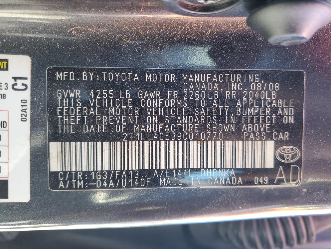 2009 Toyota Corolla VIN 2T1LE40E39C010770 Copart auction photo, front end damage thumbnail 12