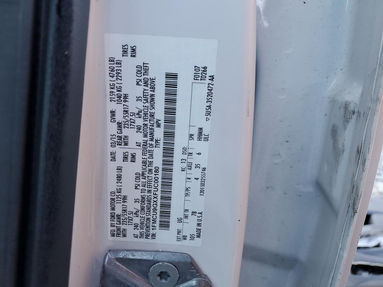 2015 Ford Escape VIN 1FMCU9GXXFUC00180 Copart auction photo, side / mechanical damage thumbnail 13