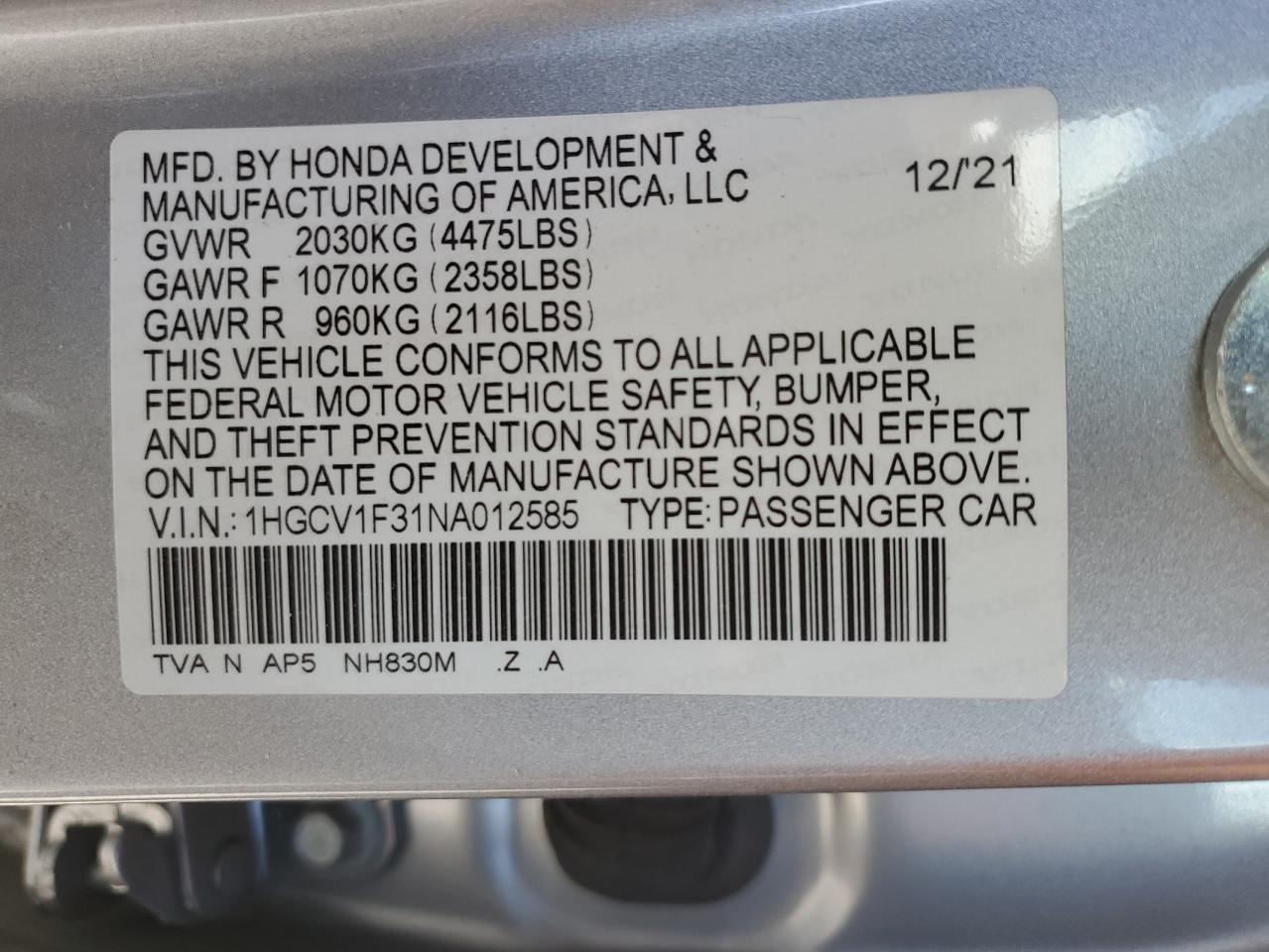 2022 Honda Accord VIN 1HGCV1F31NA012585 Copart auction photo, rear end / minor dent/scratches damage thumbnail 13