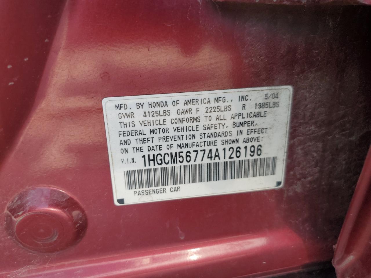 2004 Honda Accord VIN 1HGCM56774A126196 Copart auction photo, front end / mechanical damage thumbnail 14