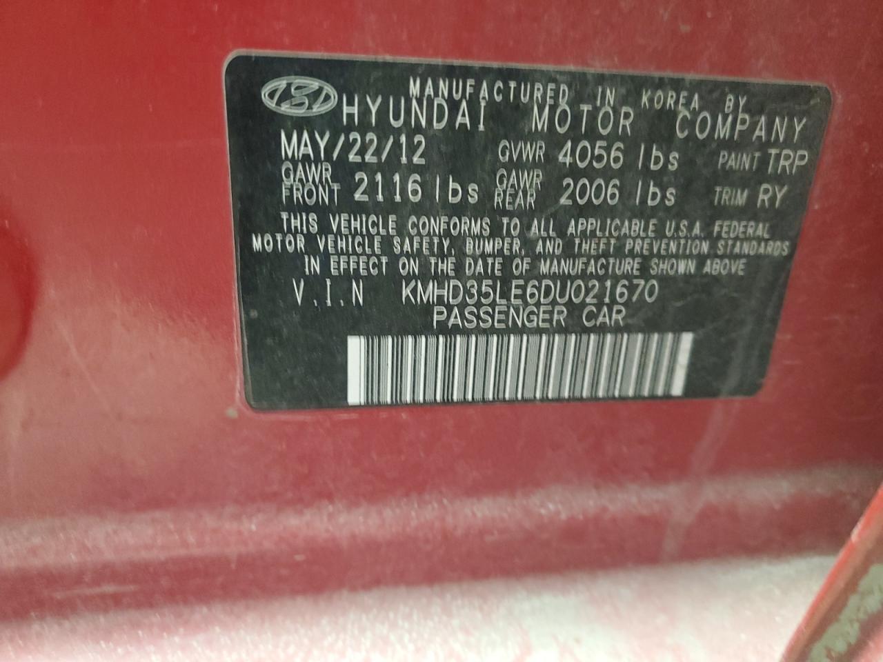 2013 Hyundai Elantra VIN KMHD35LE6DU021670 Copart auction photo, front end / side damage thumbnail 13