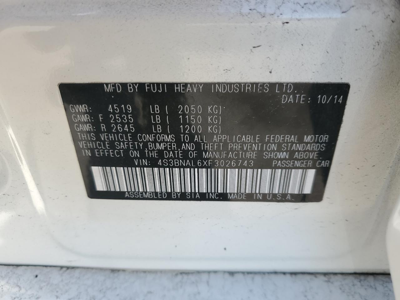 2015 Subaru Legacy VIN 4S3BNAL6XF3026743 Copart auction photo, front end / side damage thumbnail 12