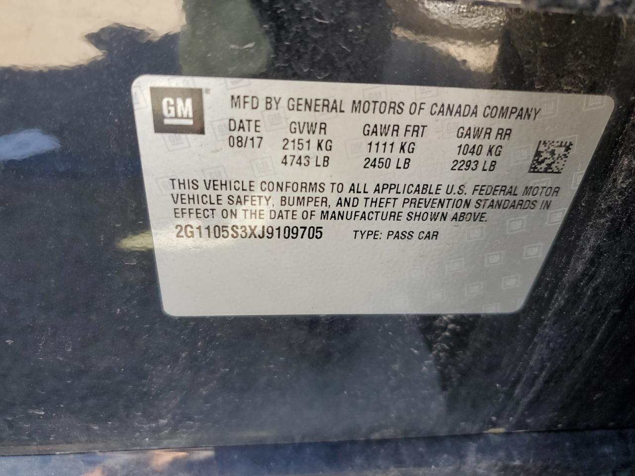 2018 Chevrolet Impala VIN 2G1105S3XJ9109705 Copart auction photo, front end / hail damage thumbnail 12