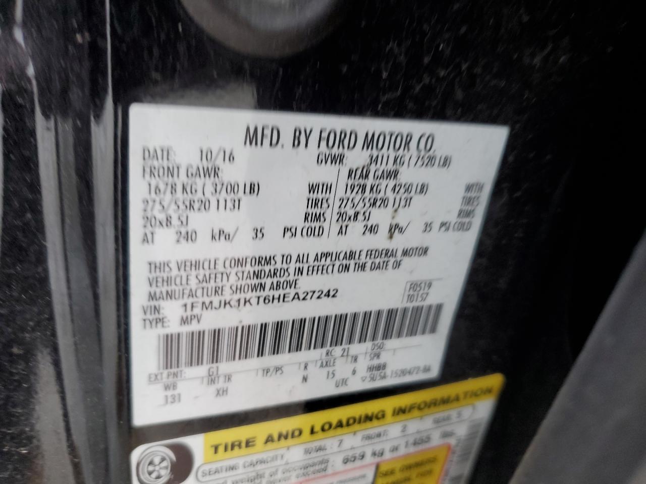 2017 Ford Expedition VIN 1FMJK1KT6HEA27242 Copart auction photo, all over damage thumbnail 13
