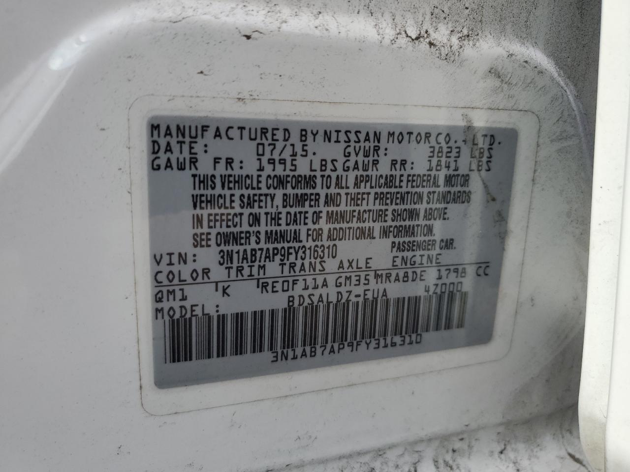 2015 Nissan Sentra VIN 3N1AB7AP9FY316310 Copart auction photo, front end / rear end damage thumbnail 14
