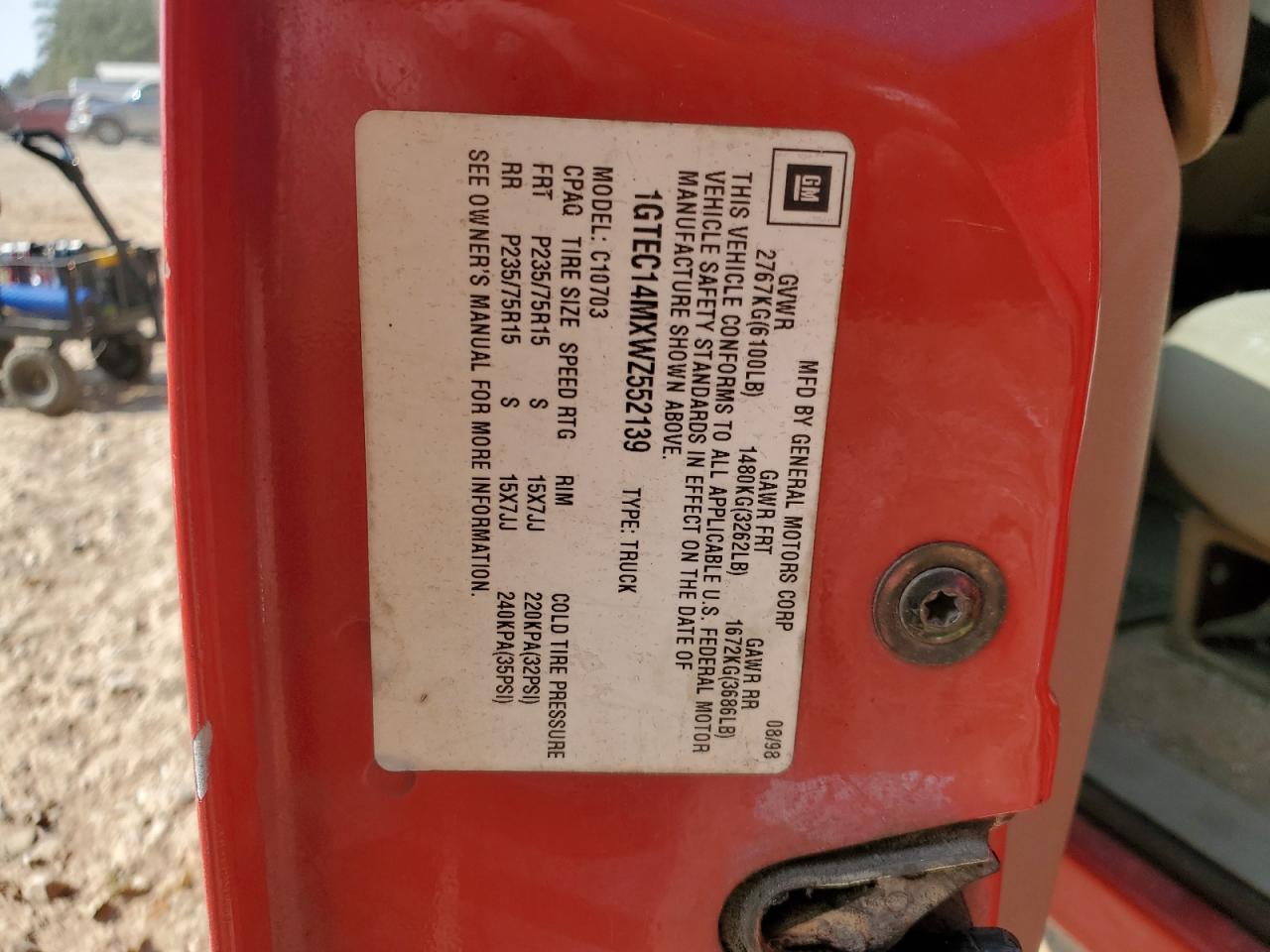 1998 GMC Sierra VIN 1GTEC14MXWZ552139 Copart auction photo, front end damage thumbnail 14