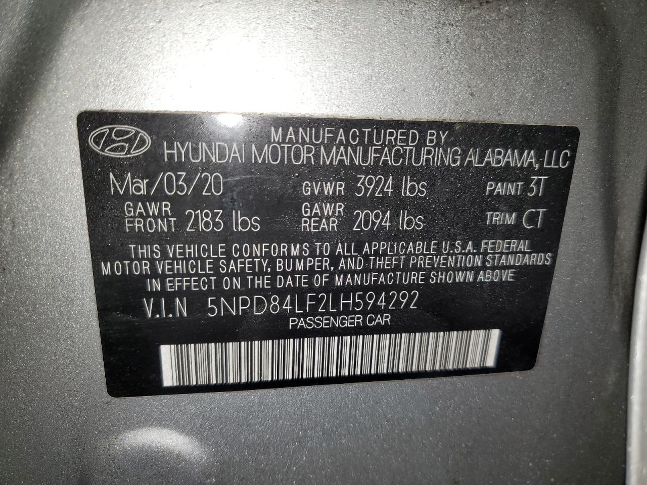 2020 Hyundai Elantra VIN 5NPD84LF2LH594292 Copart auction photo, front end / front end damage thumbnail 12