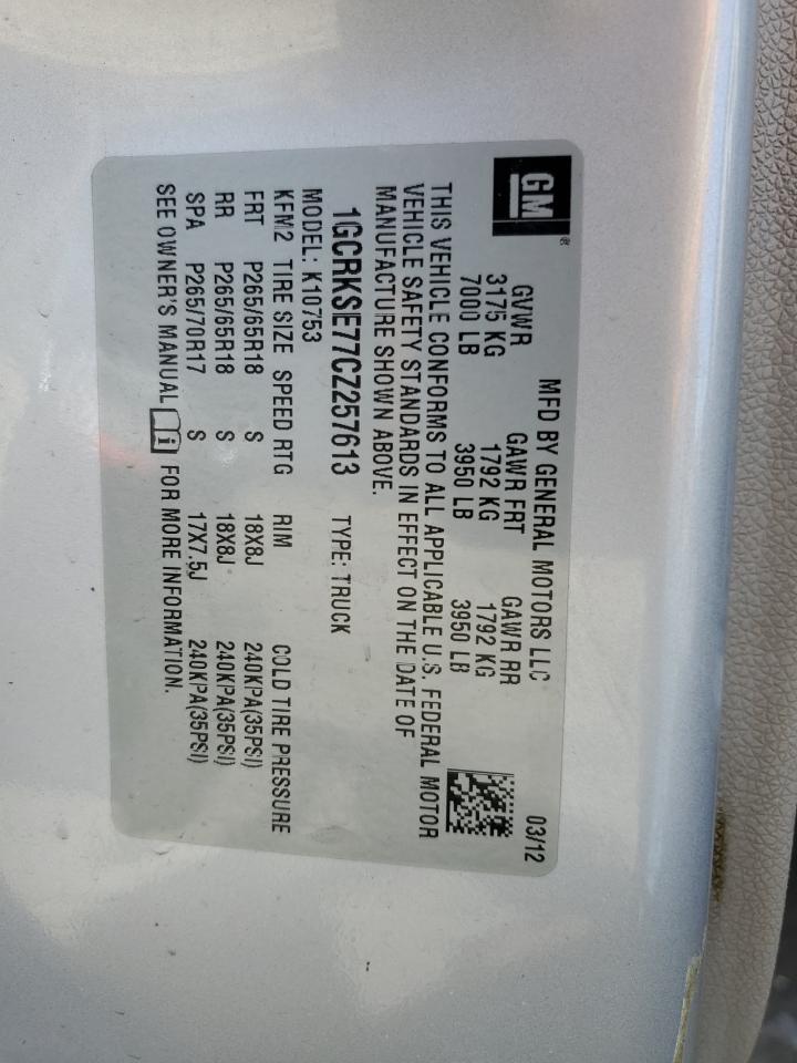 2012 Chevrolet Silverado VIN 1GCRKSE77CZ257613 Copart auction photo, front end / side damage thumbnail 14