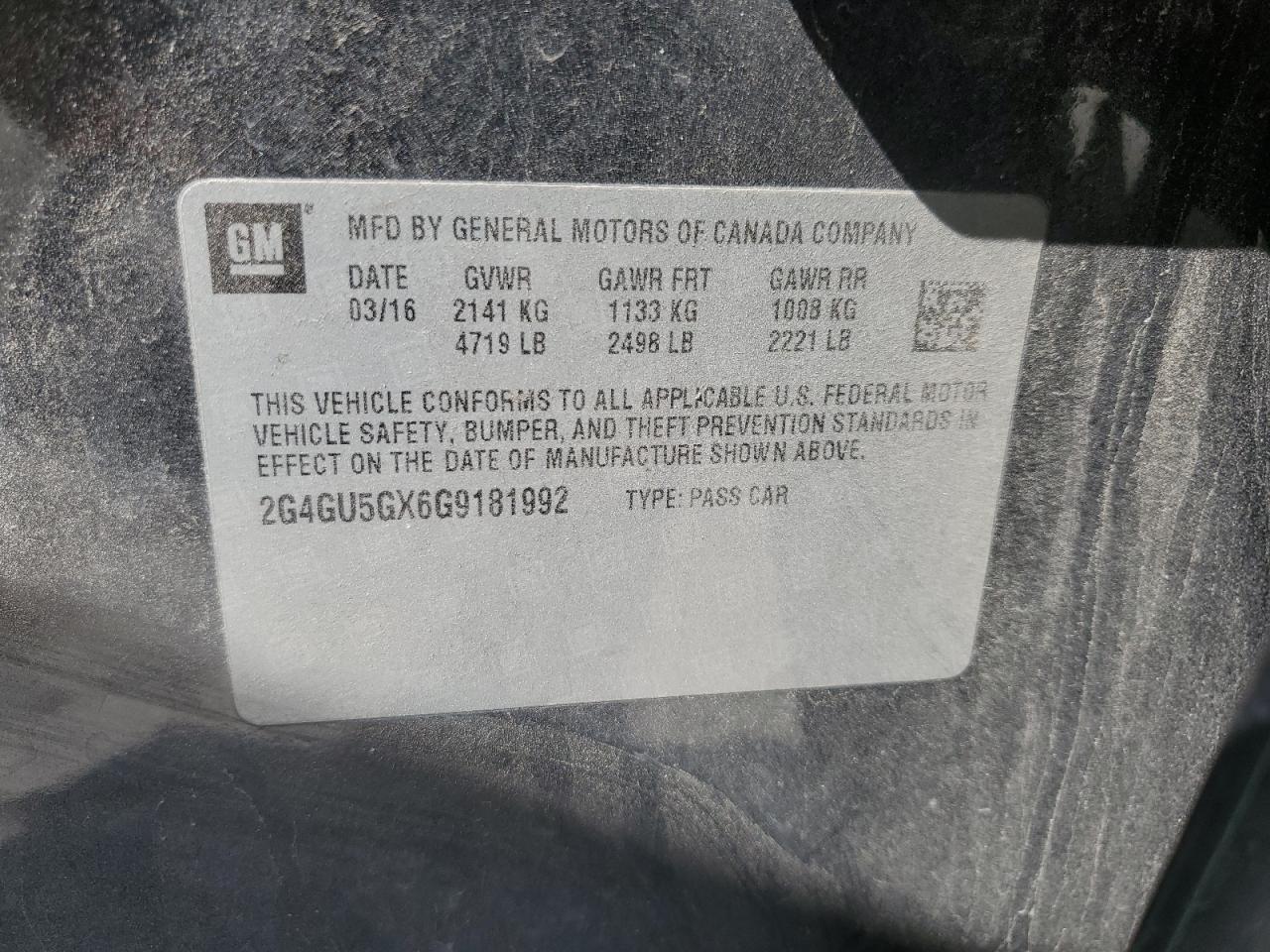2016 Buick Regal VIN 2G4GU5GX6G9181992 Copart auction photo, front end / minor dent/scratches damage thumbnail 14