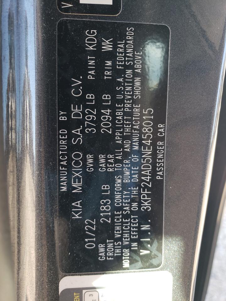 2022 KIA Forte VIN 3KPF24AD5NE458015 Copart auction photo, front end / side damage thumbnail 12