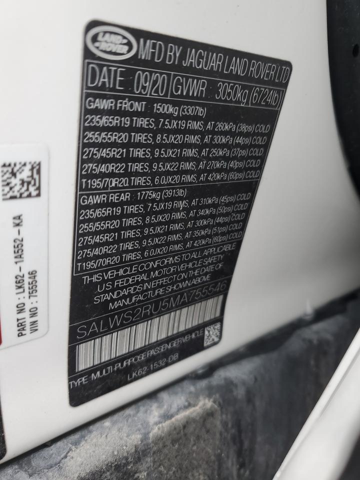 2021 Land Rover Range Rover VIN SALWS2RU5MA755546 Copart auction photo, side damage thumbnail 13