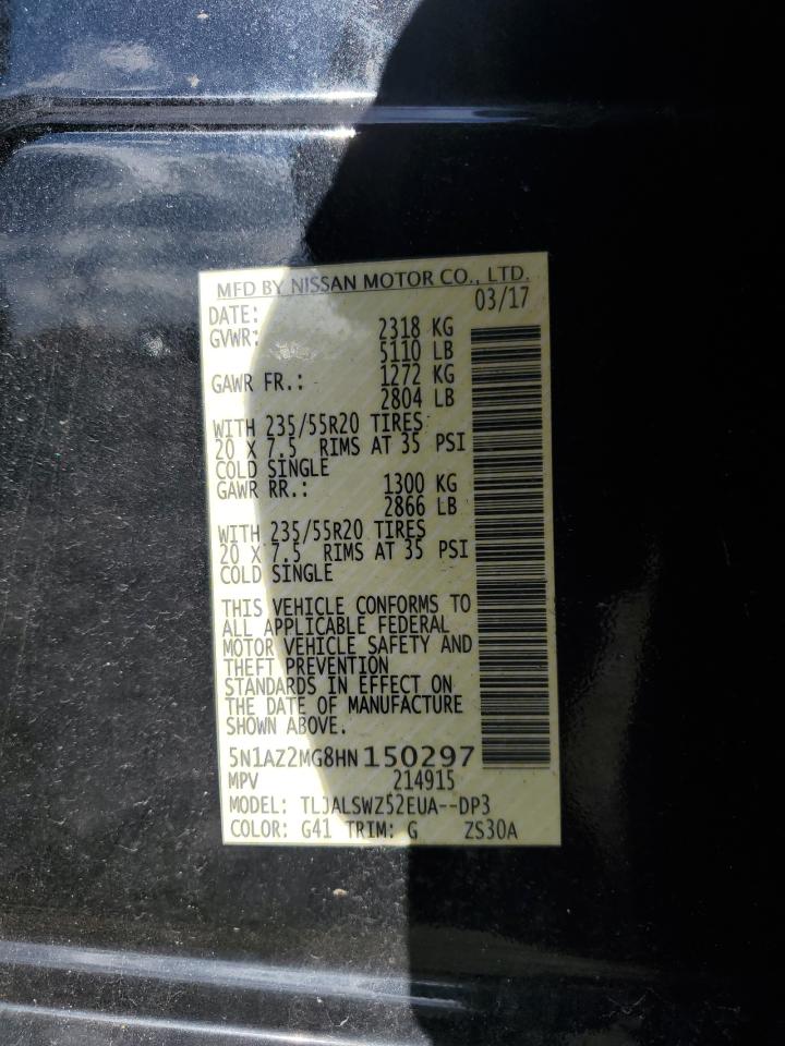 2017 Nissan Murano VIN 5N1AZ2MG8HN150297 Copart auction photo, front end damage thumbnail 15