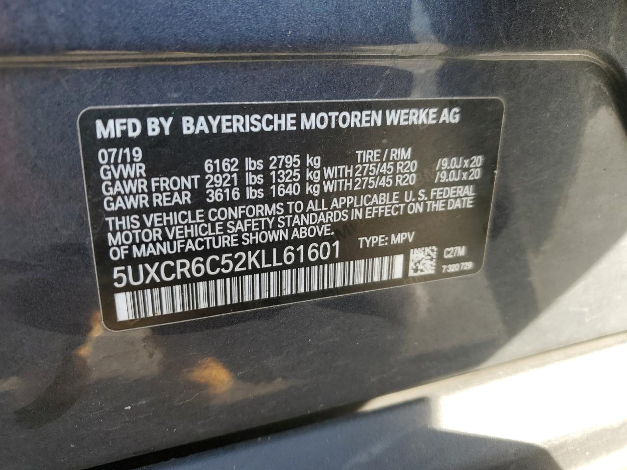 2019 BMW X5 VIN 5UXCR6C52KLL61601 Copart auction photo, front end / rear end damage thumbnail 15