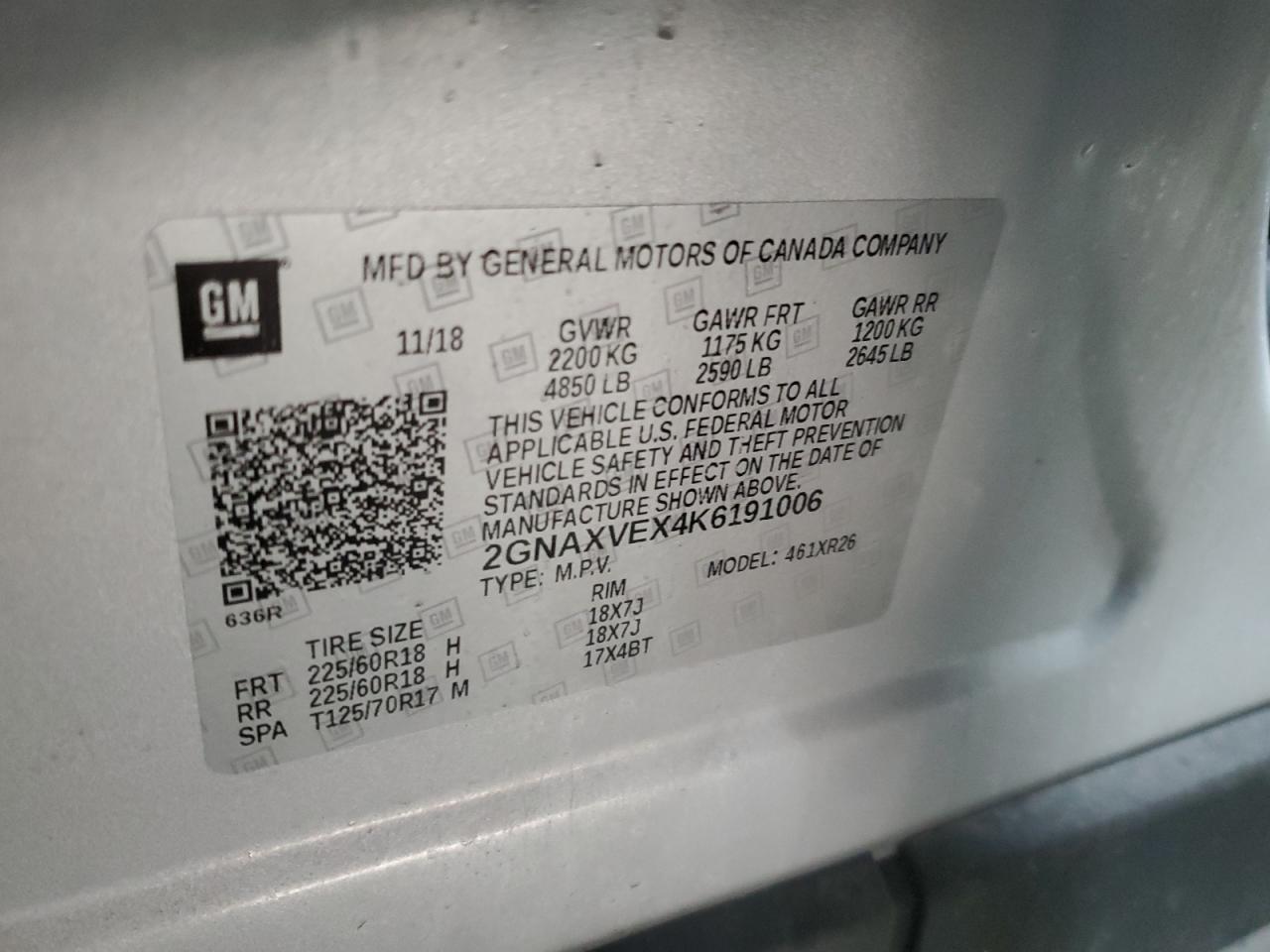 2019 Chevrolet Equinox VIN 2GNAXVEX4K6191006 Copart auction photo, front end damage thumbnail 13