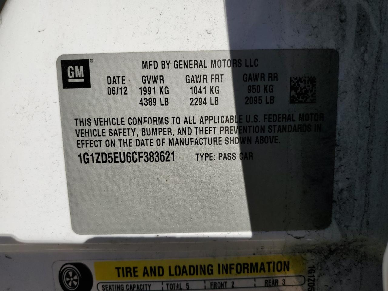 2012 Chevrolet Malibu VIN 1G1ZD5EU6CF383621 Copart auction photo, front end / minor dent/scratches damage thumbnail 12