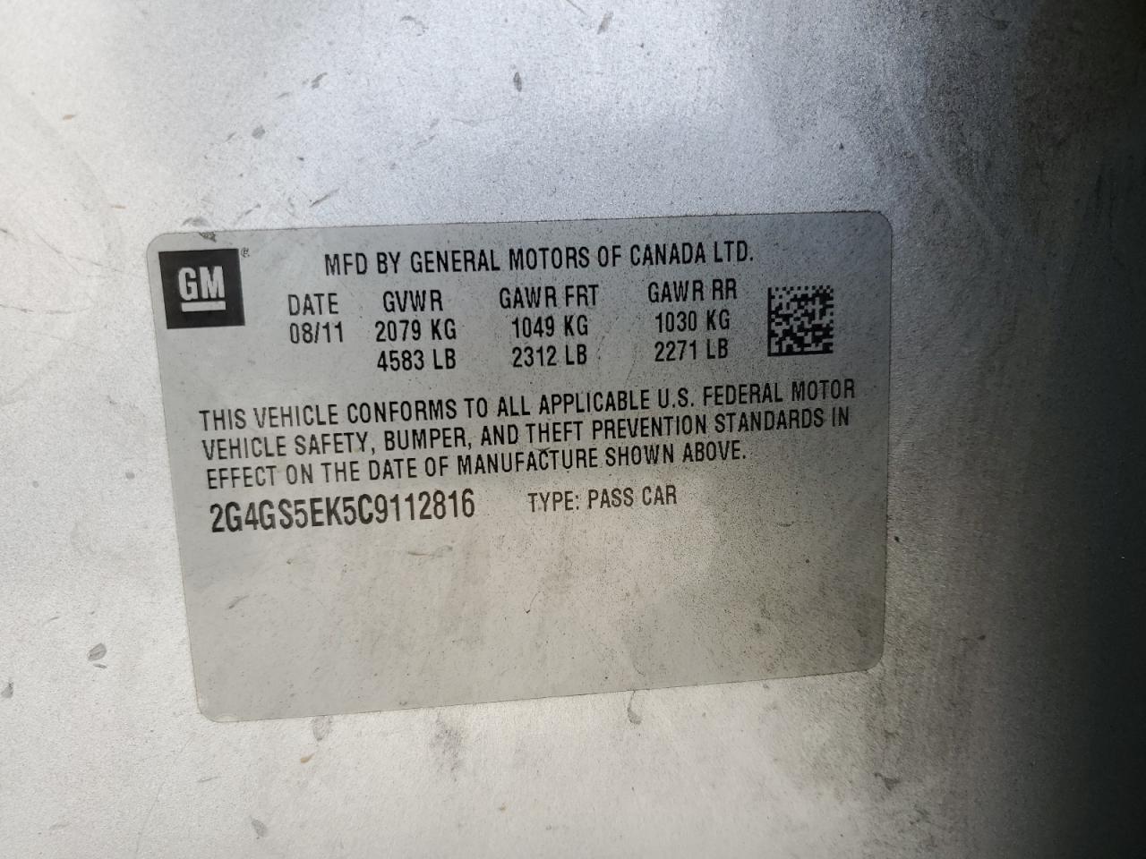 2012 Buick Regal VIN 2G4GS5EK5C9112816 Copart auction photo, rear end / side damage thumbnail 12