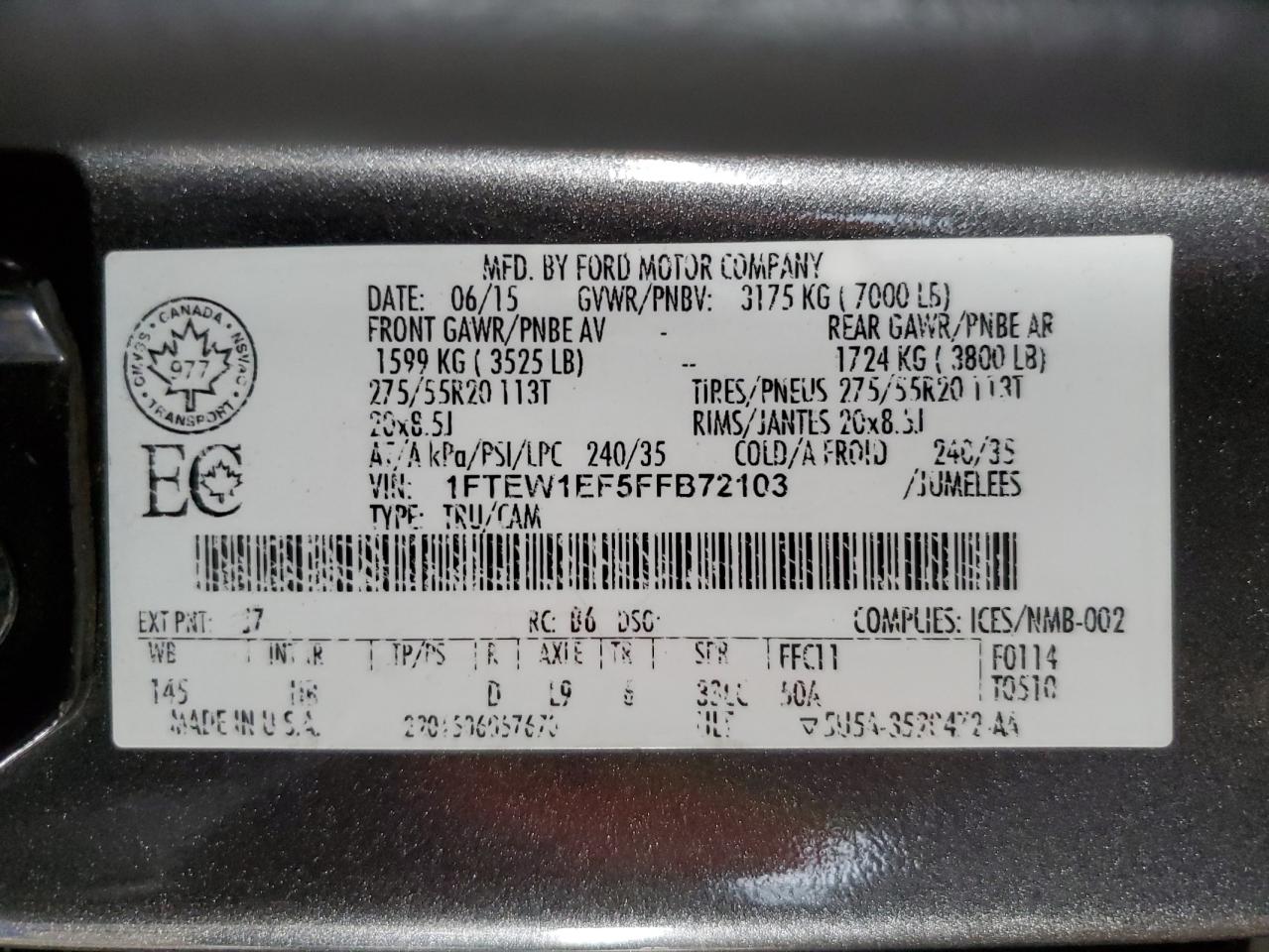 2015 Ford F-150 VIN 1FTEW1EF5FFB72103 Copart auction photo, front end / side damage thumbnail 12