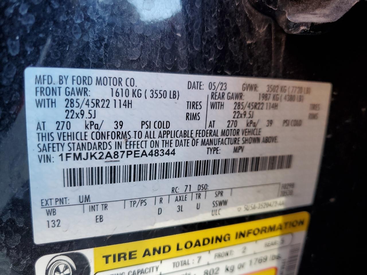 2023 Ford Expedition VIN 1FMJK2A87PEA48344 Copart auction photo, front end / side damage thumbnail 14