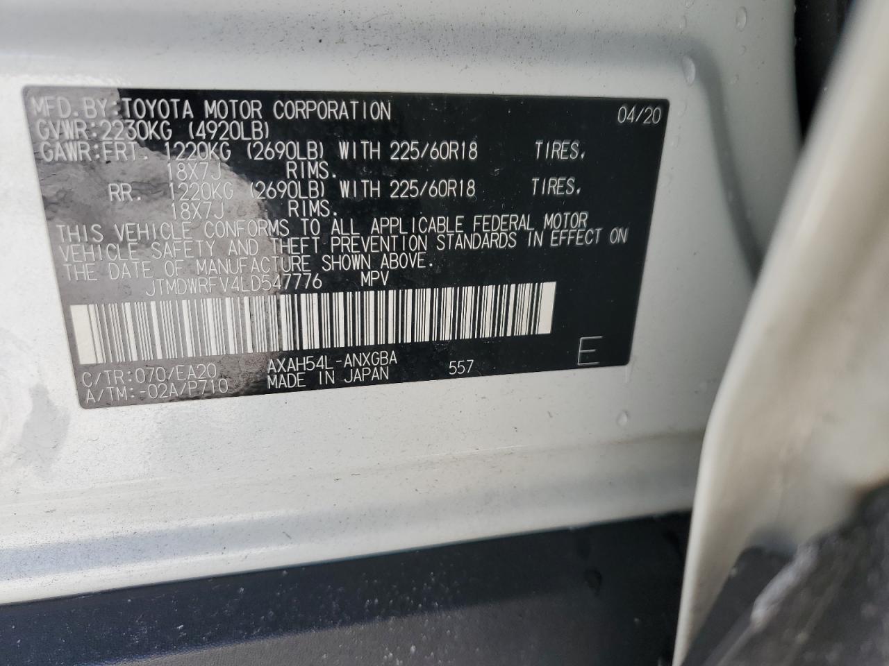 2020 Toyota RAV 4 VIN JTMDWRFV4LD547776 Copart auction photo, front end damage thumbnail 14
