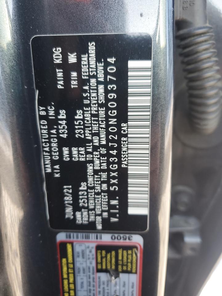 2022 KIA K5 VIN 5XXG34J20NG093704 Copart auction photo, front end damage thumbnail 12