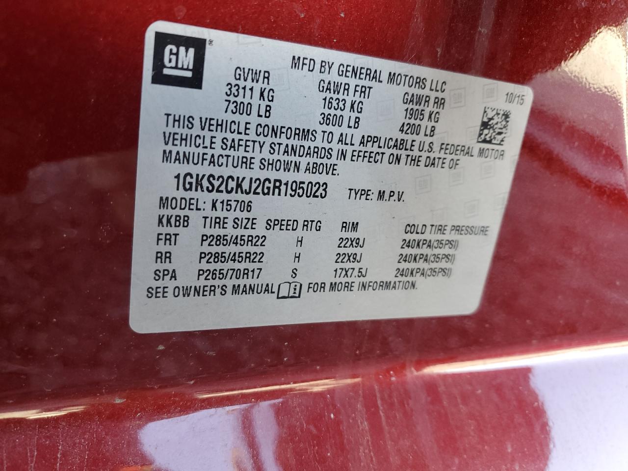 2016 GMC Yukon VIN 1GKS2CKJ2GR195023 Copart auction photo, rear end / front end damage thumbnail 15