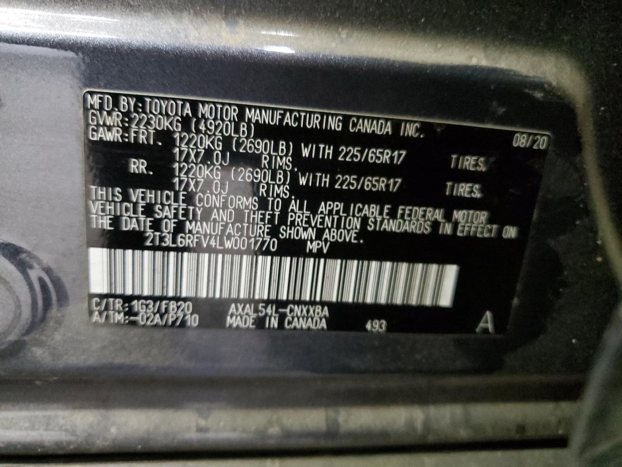 2020 Toyota RAV 4 VIN 2T3L6RFV4LW001770 Copart auction photo, front end damage thumbnail 14