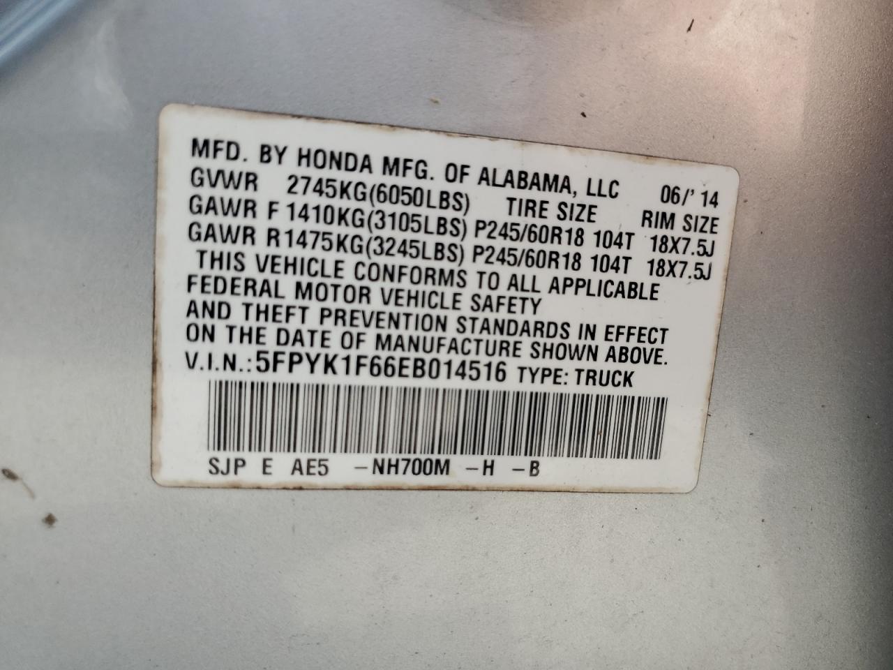 2014 Honda Ridgeline VIN 5FPYK1F66EB014516 Copart auction photo, water/flood damage thumbnail 13