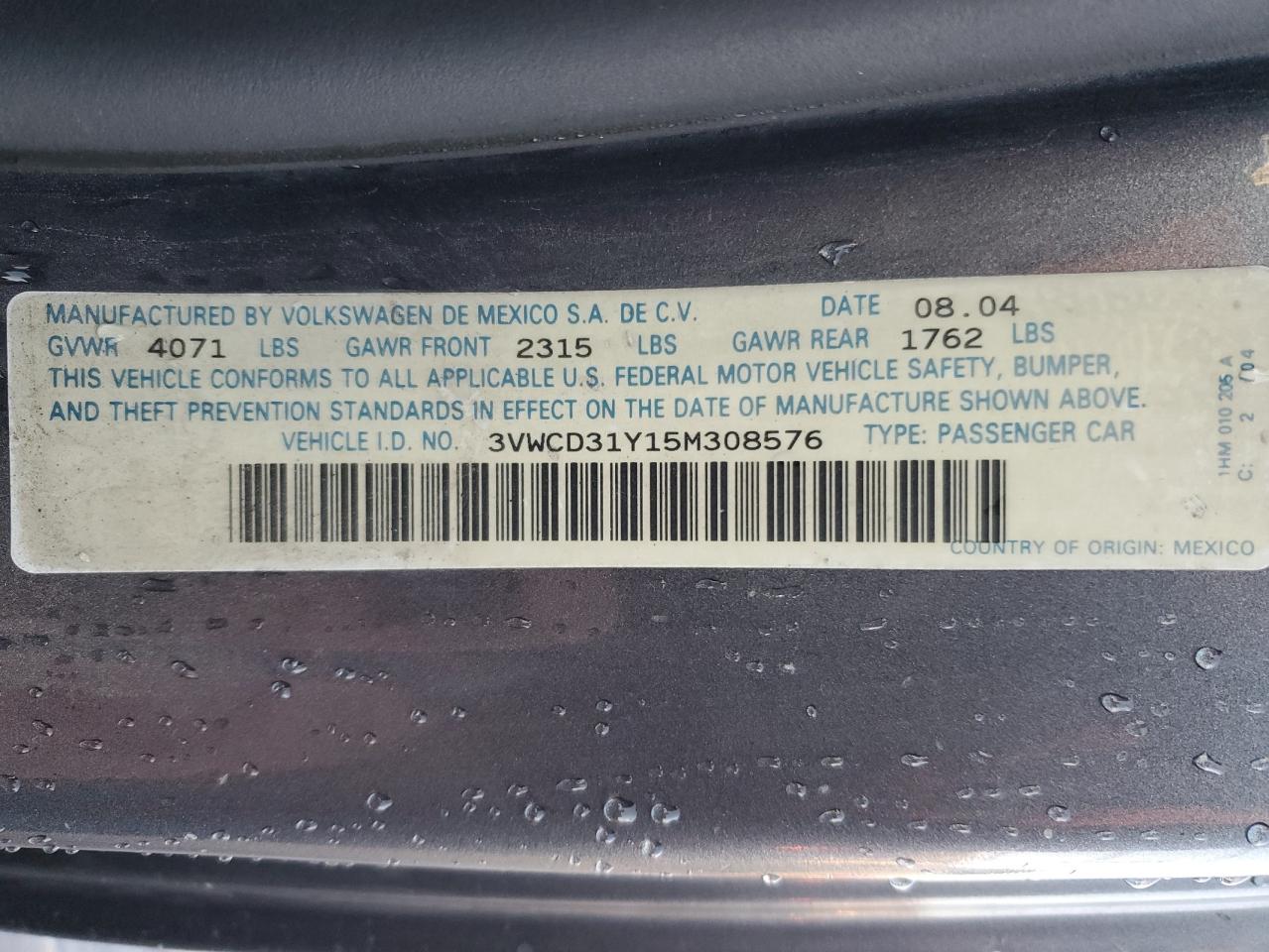 2005 Volkswagen Beetle VIN 3VWCD31Y15M308576 Copart auction photo, front end damage thumbnail 13