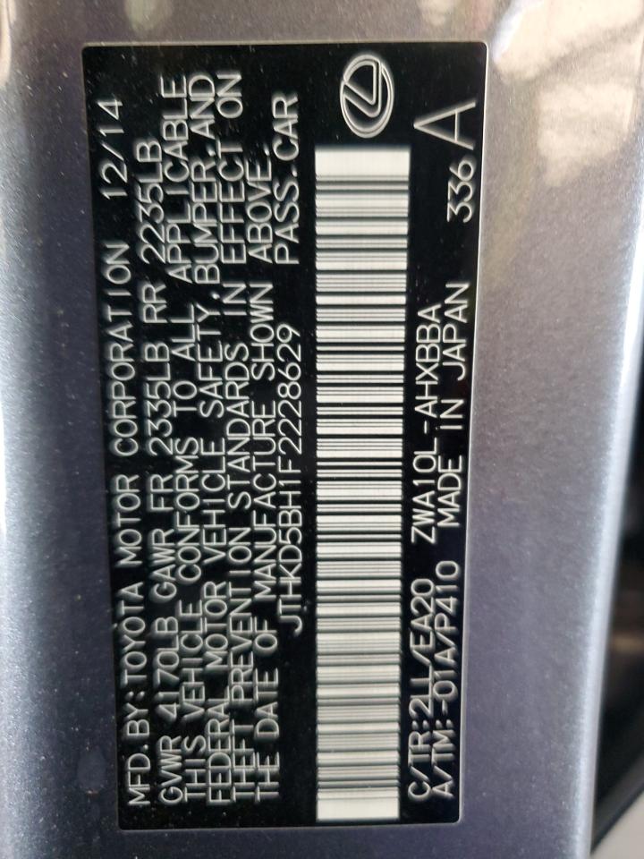 2015 Lexus CT VIN JTHKD5BH1F2228629 Copart auction photo, rear end damage thumbnail 12