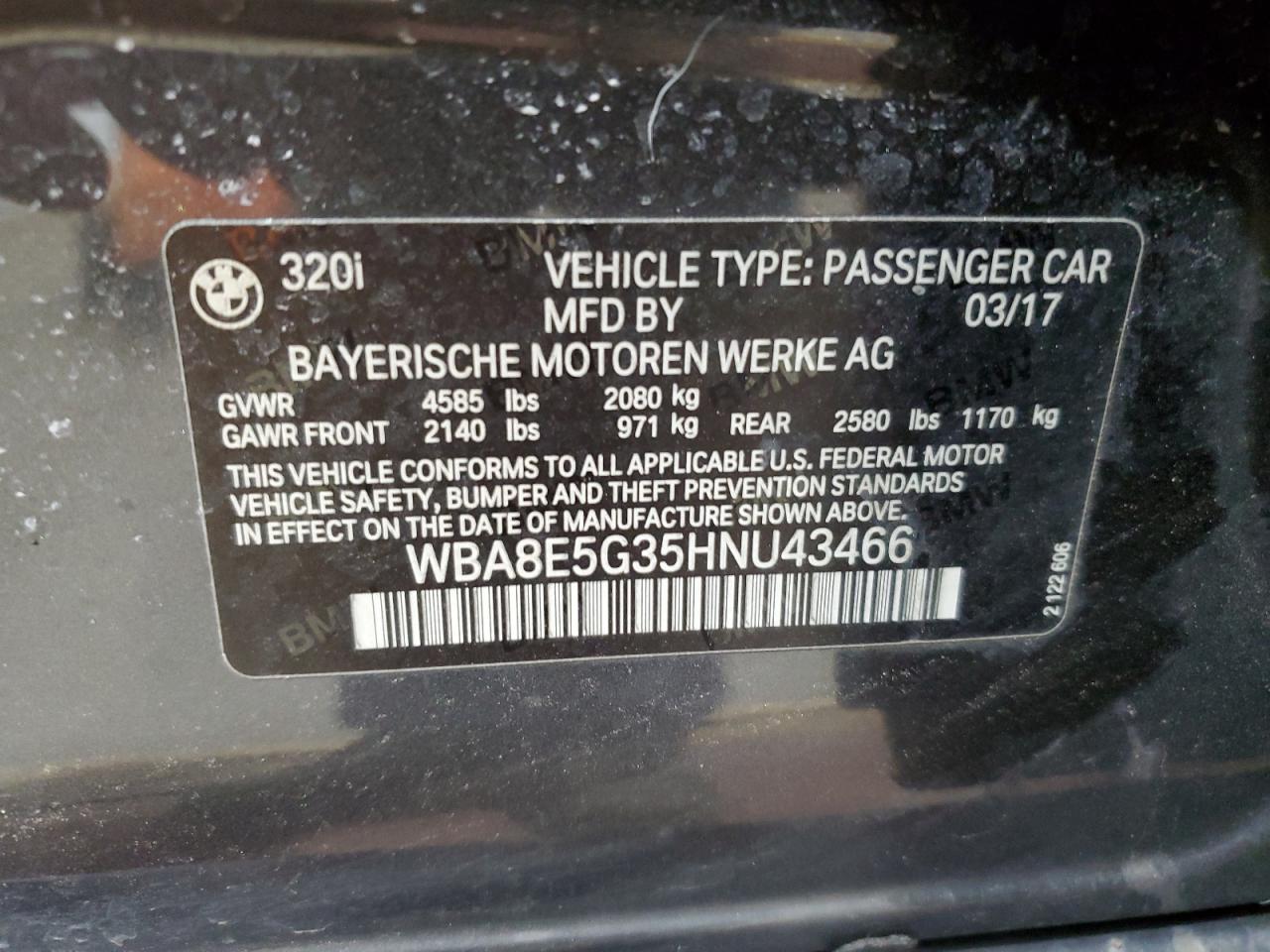 2017 BMW 3er VIN WBA8E5G35HNU43466 Copart auction photo, all over damage thumbnail 12