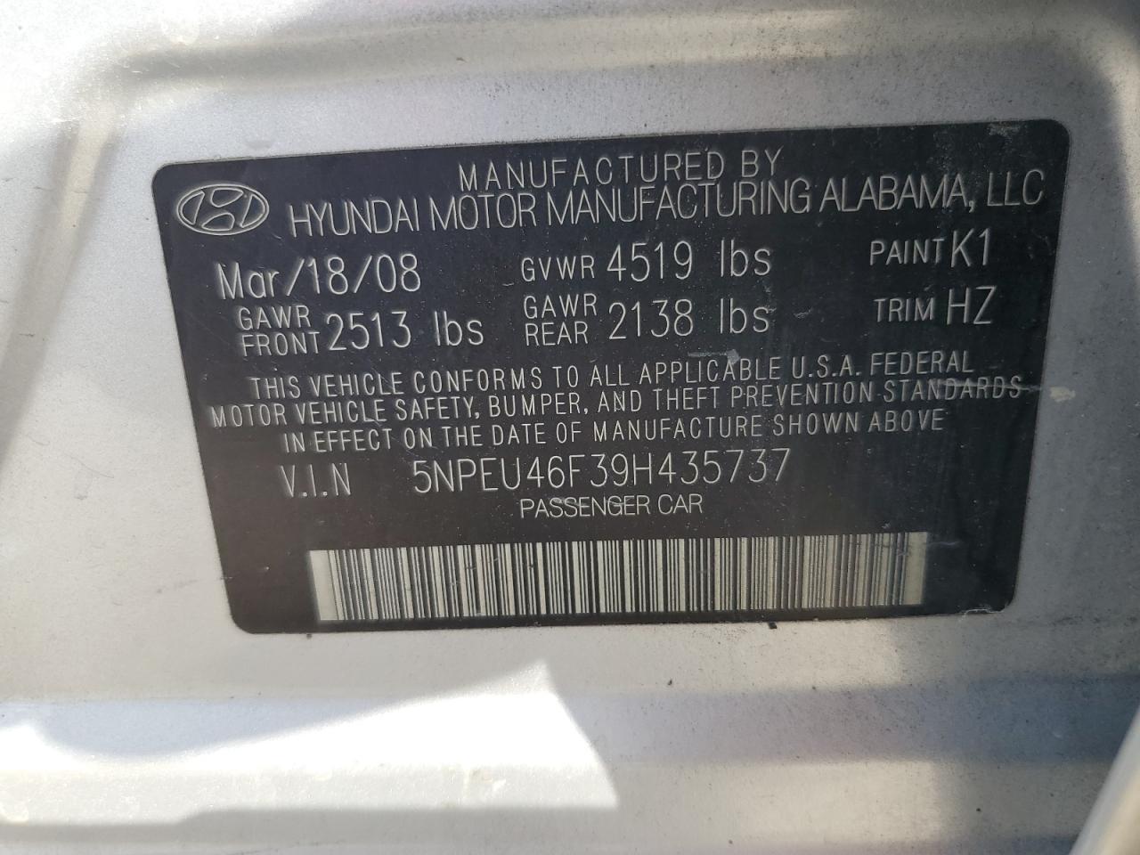 2009 Hyundai Sonata VIN 5NPEU46F39H435737 Copart auction photo, side / minor dent/scratches damage thumbnail 12