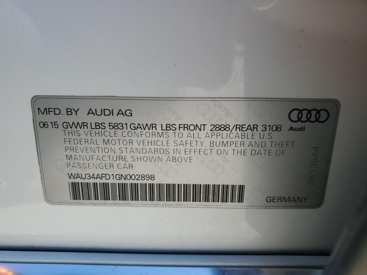 2016 Audi A8 VIN WAU34AFD1GN002898 Copart auction photo, rear end damage thumbnail 12