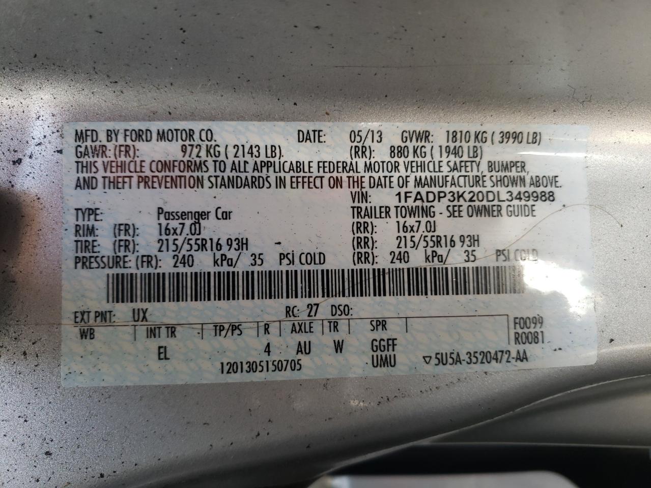 2013 Ford Focus VIN 1FADP3K20DL349988 Copart auction photo, front end / rear end damage thumbnail 13