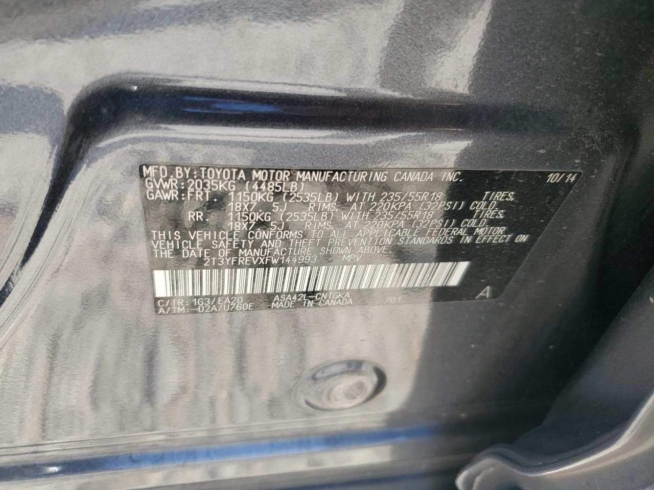 2015 Toyota RAV 4 VIN 2T3YFREVXFW144993 Copart auction photo, undercarriage / front end damage thumbnail 13