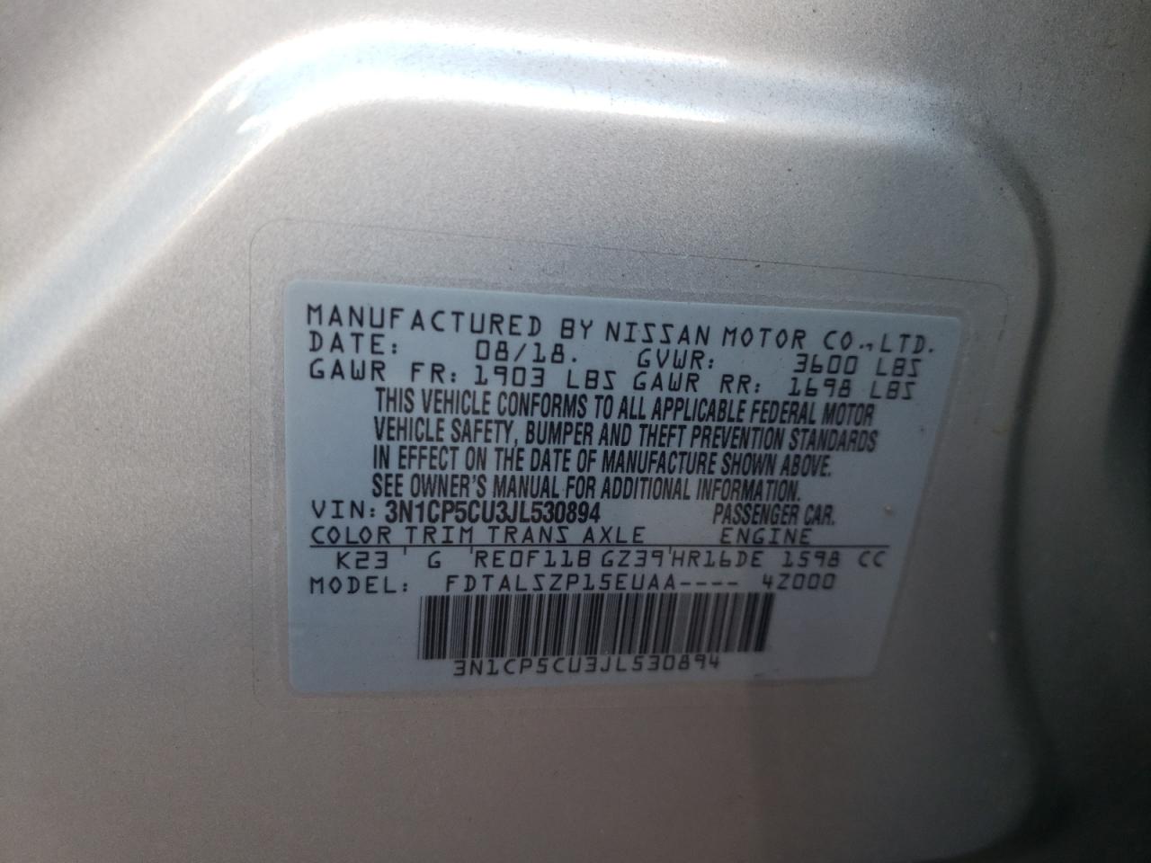 2018 Nissan Kicks VIN 3N1CP5CU3JL530894 Copart auction photo, rear end damage thumbnail 13