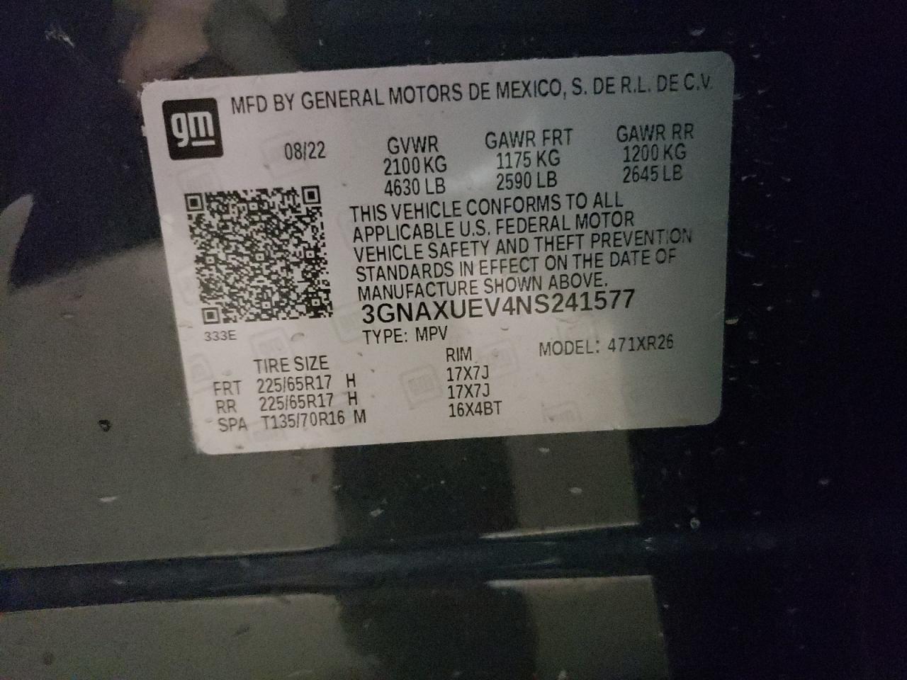 2022 Chevrolet Equinox VIN 3GNAXUEV4NS241577 Copart auction photo, all over damage thumbnail 13
