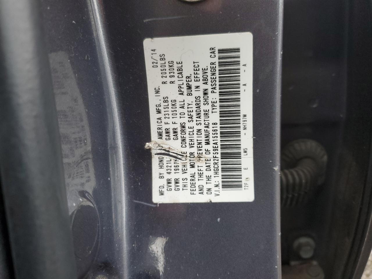 2014 Honda Accord VIN 1HGCR2F59EA155618 Copart auction photo, front end damage thumbnail 12