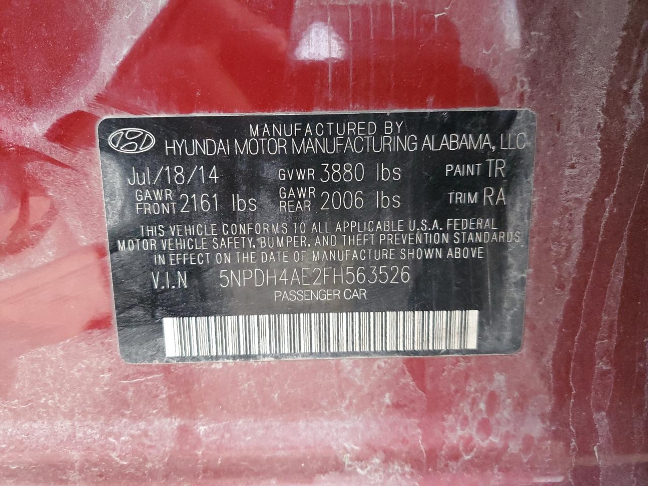 2015 Hyundai Elantra VIN 5NPDH4AE2FH563526 Copart auction photo, all over damage thumbnail 12