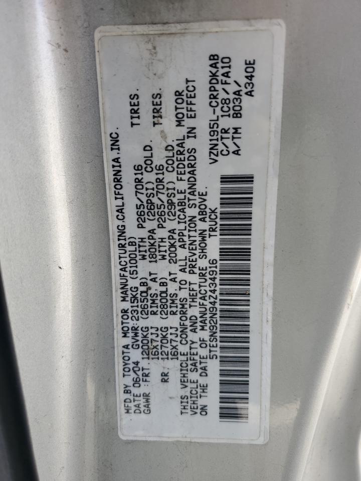 2004 Toyota Tacoma VIN 5TESN92N94Z434916 Copart auction photo, front end damage thumbnail 14