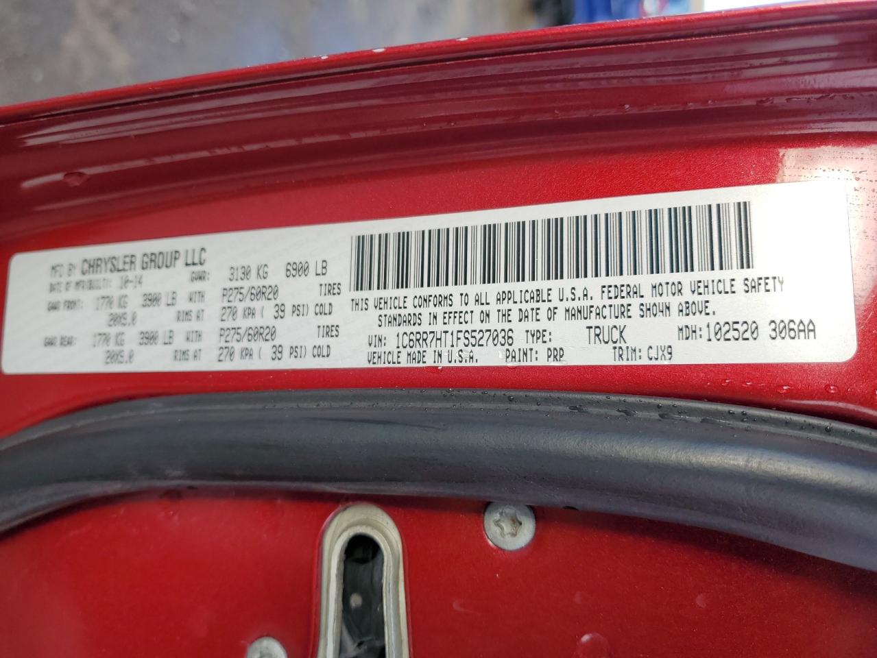 2015 RAM 1500 VIN 1C6RR7HT1FS527036 Copart auction photo, front end / side damage thumbnail 13